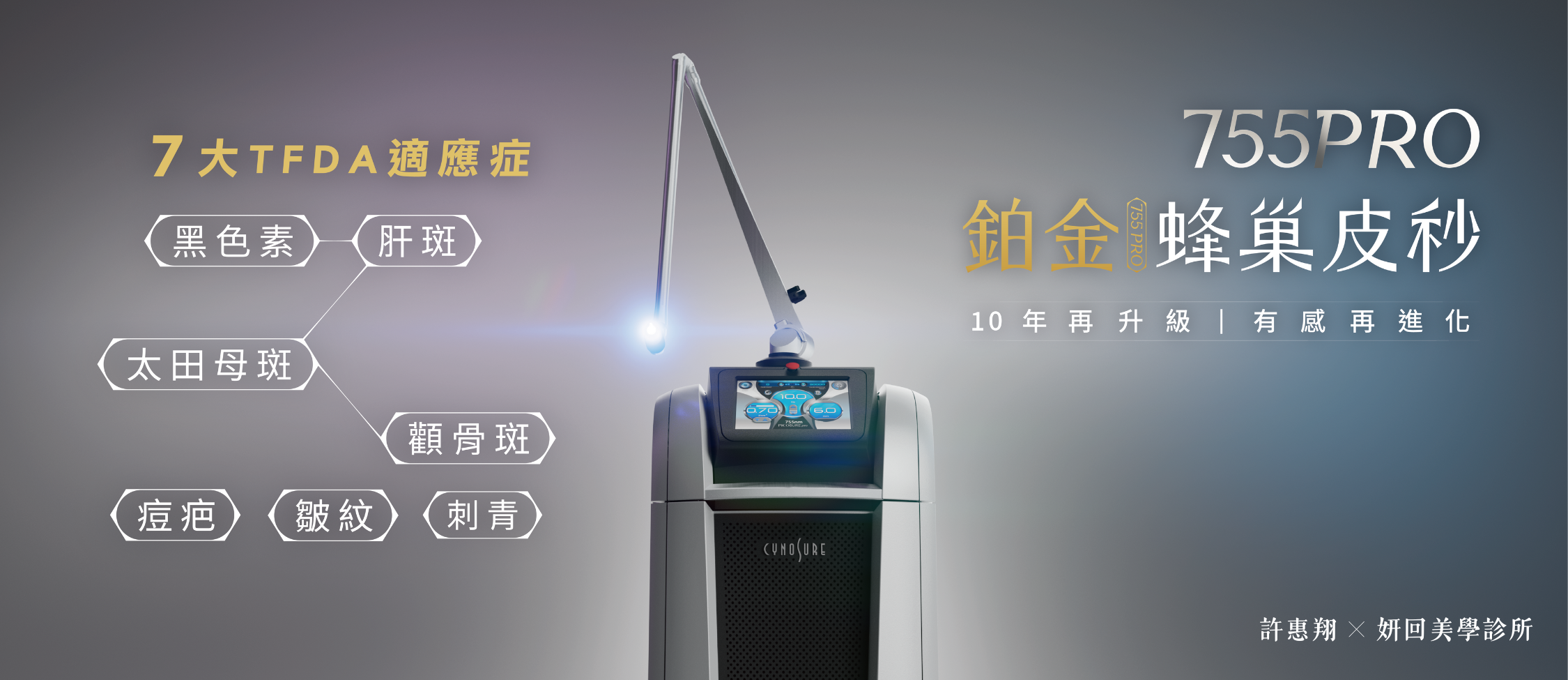 PicoSure Pro 鉑金皮秒主機（鉑金蜂巢皮秒雷射）｜755nm × 鉑金蜂巢透鏡｜7 大 TFDA 適應症：黑色素、肝斑、太田母斑、顴骨斑、痘疤、皺紋、刺青｜許惠翔 × 妍回美學診所